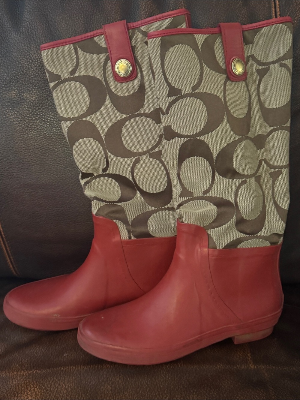 Coach Brown Signature Logo Rain Boots with Red Trim